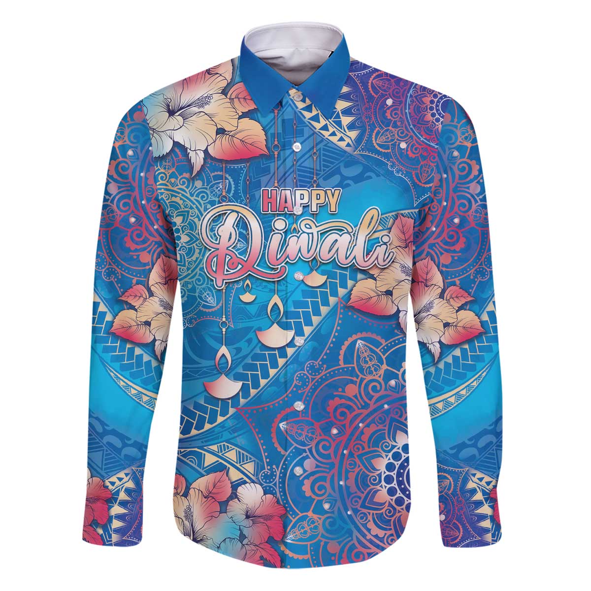 Happy Diwali Festival Family Matching Puletasi and Hawaiian Shirt Diya Lamp Rangoli With Polynesian Pattern LT05 Dad's Shirt - Long Sleeve Blue - Polynesian Pride
