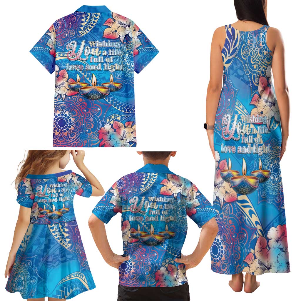 Happy Diwali Festival Family Matching Tank Maxi Dress and Hawaiian Shirt Diya Lamp Rangoli With Polynesian Pattern LT05 - Polynesian Pride