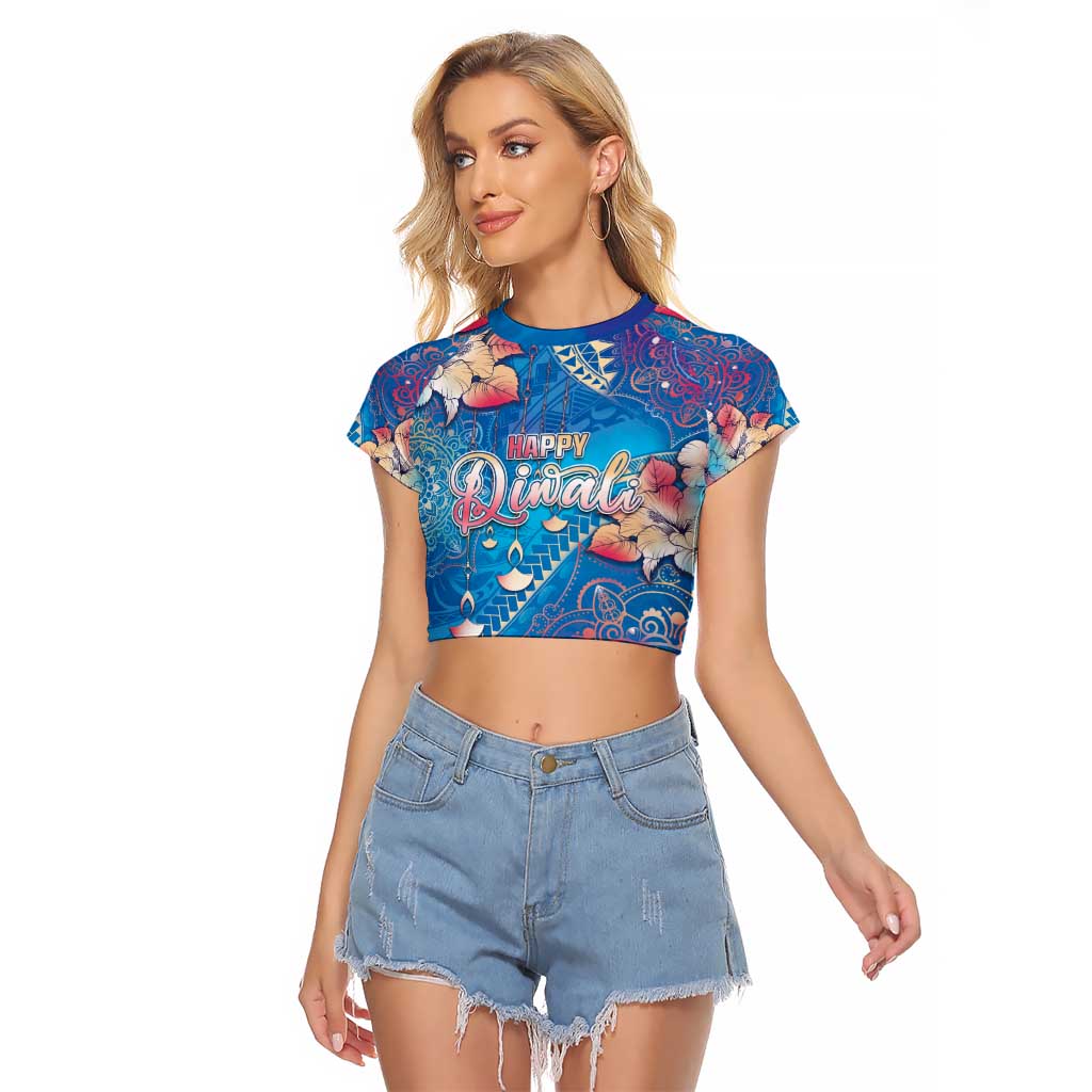 Happy Diwali Festival Raglan Cropped T Shirt Diya Lamp Rangoli With Polynesian Pattern