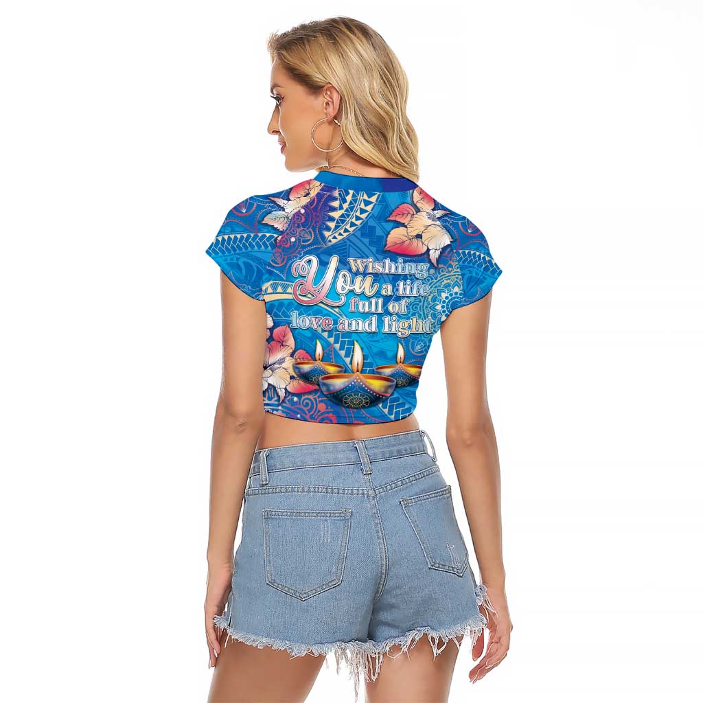 Happy Diwali Festival Raglan Cropped T Shirt Diya Lamp Rangoli With Polynesian Pattern