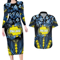 Personalised Palau Couples Matching Long Sleeve Bodycon Dress and Hawaiian Shirt Polynesian Dolphin Tropical Hibiscus Style LT05 Black - Polynesian Pride