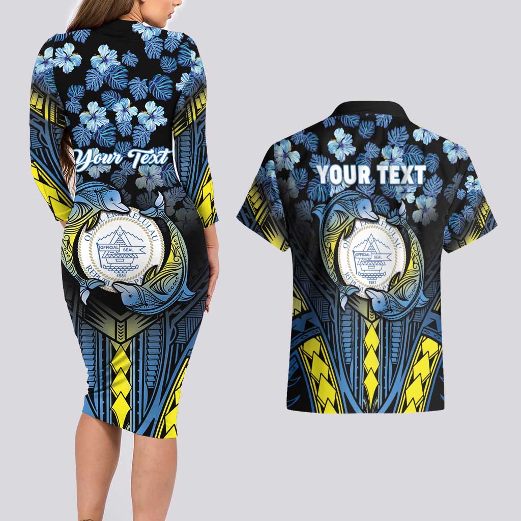 Personalised Palau Couples Matching Long Sleeve Bodycon Dress and Hawaiian Shirt Polynesian Dolphin Tropical Hibiscus Style LT05 - Polynesian Pride