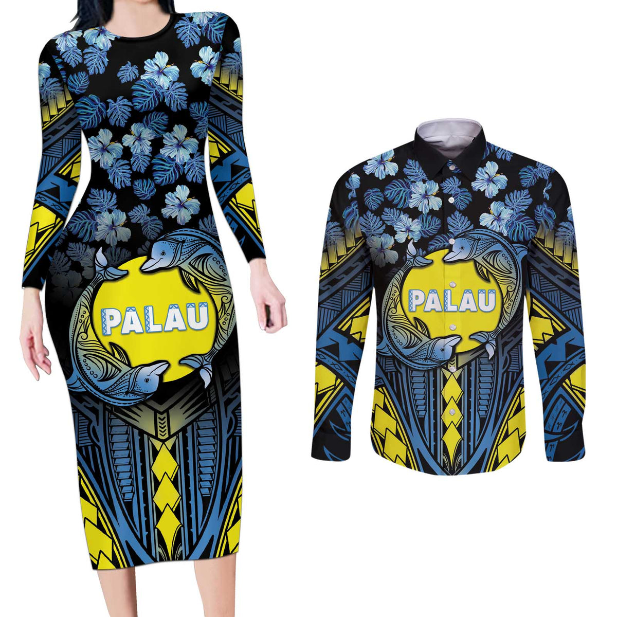 Personalised Palau Couples Matching Long Sleeve Bodycon Dress and Long Sleeve Button Shirt Polynesian Dolphin Tropical Hibiscus Style LT05 Black - Polynesian Pride
