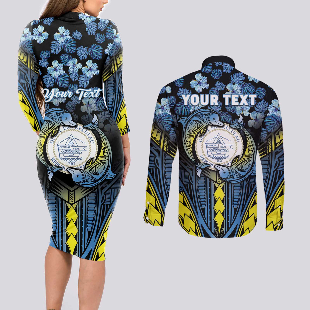 Personalised Palau Couples Matching Long Sleeve Bodycon Dress and Long Sleeve Button Shirt Polynesian Dolphin Tropical Hibiscus Style LT05 - Polynesian Pride
