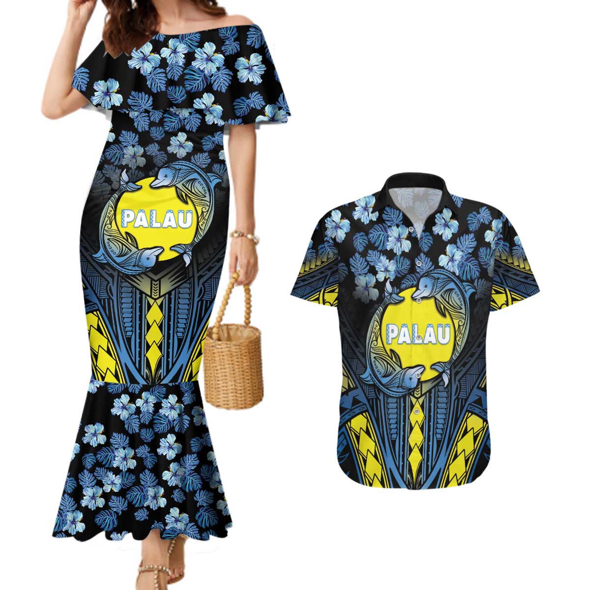Personalised Palau Couples Matching Mermaid Dress and Hawaiian Shirt Polynesian Dolphin Tropical Hibiscus Style LT05 Black - Polynesian Pride