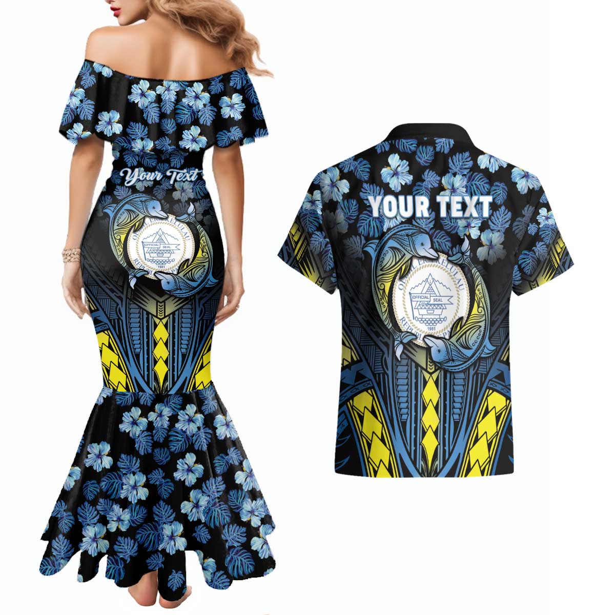 Personalised Palau Couples Matching Mermaid Dress and Hawaiian Shirt Polynesian Dolphin Tropical Hibiscus Style LT05 - Polynesian Pride