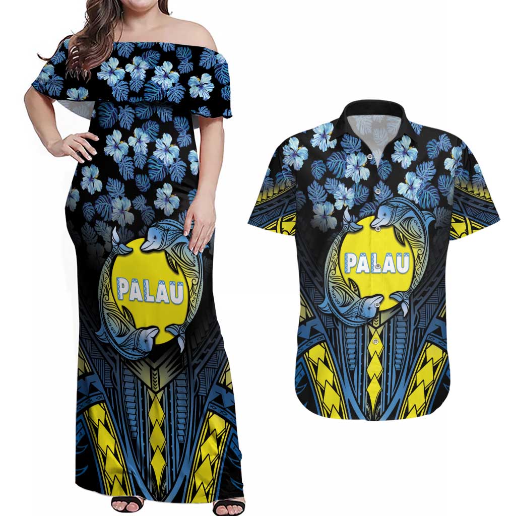 Personalised Palau Couples Matching Off Shoulder Maxi Dress and Hawaiian Shirt Polynesian Dolphin Tropical Hibiscus Style LT05 Black - Polynesian Pride
