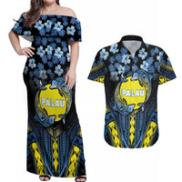 Personalised Palau Couples Matching Off Shoulder Maxi Dress and Hawaiian Shirt Polynesian Dolphin Tropical Hibiscus Style LT05 Black - Polynesian Pride