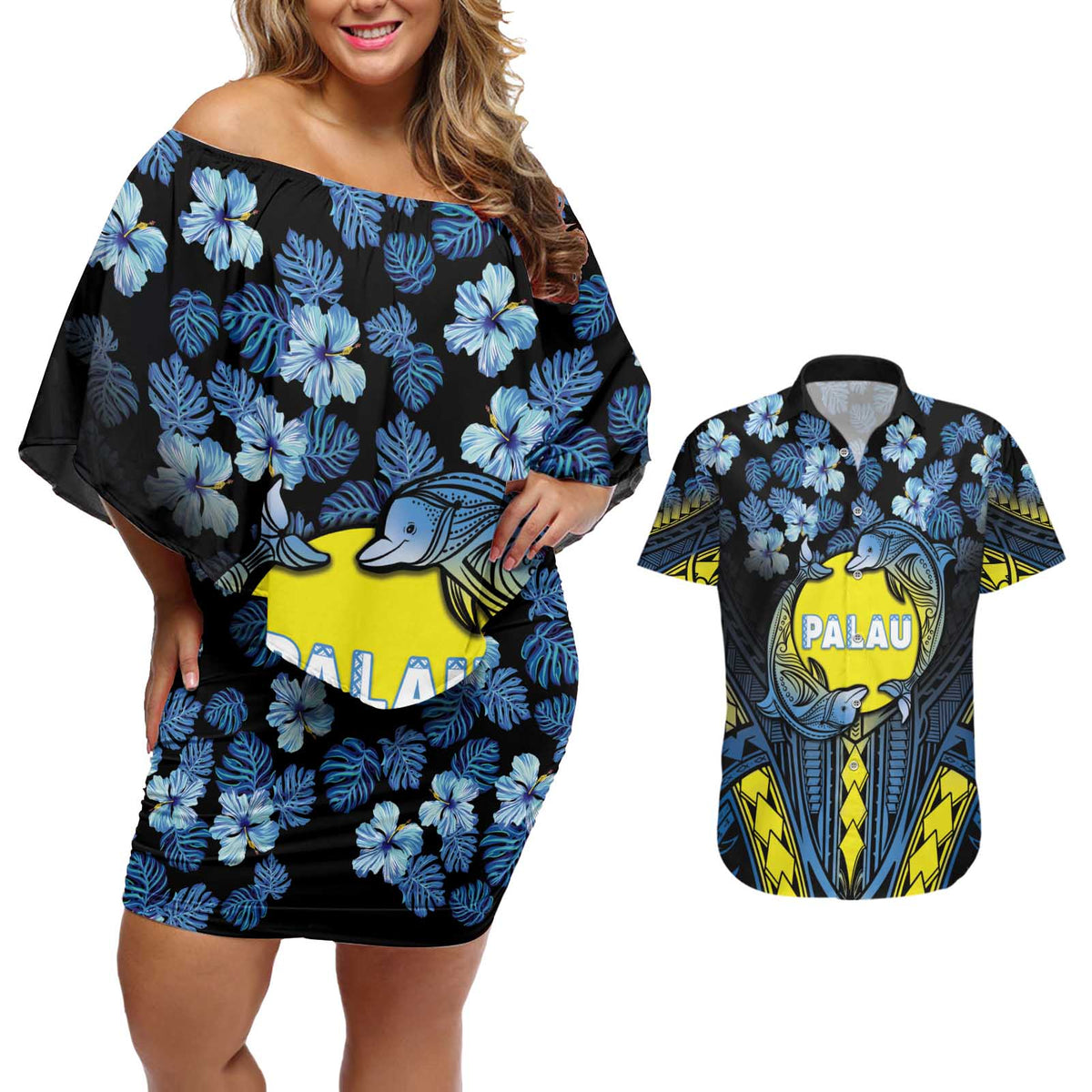 Personalised Palau Couples Matching Off Shoulder Short Dress and Hawaiian Shirt Polynesian Dolphin Tropical Hibiscus Style LT05 Black - Polynesian Pride