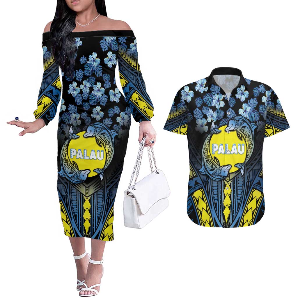 Personalised Palau Couples Matching Off The Shoulder Long Sleeve Dress and Hawaiian Shirt Polynesian Dolphin Tropical Hibiscus Style LT05 Black - Polynesian Pride