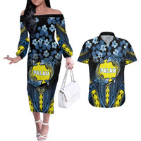 Personalised Palau Couples Matching Off The Shoulder Long Sleeve Dress and Hawaiian Shirt Polynesian Dolphin Tropical Hibiscus Style LT05 Black - Polynesian Pride