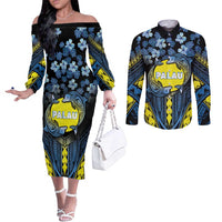 Personalised Palau Couples Matching Off The Shoulder Long Sleeve Dress and Long Sleeve Button Shirt Polynesian Dolphin Tropical Hibiscus Style LT05 Black - Polynesian Pride