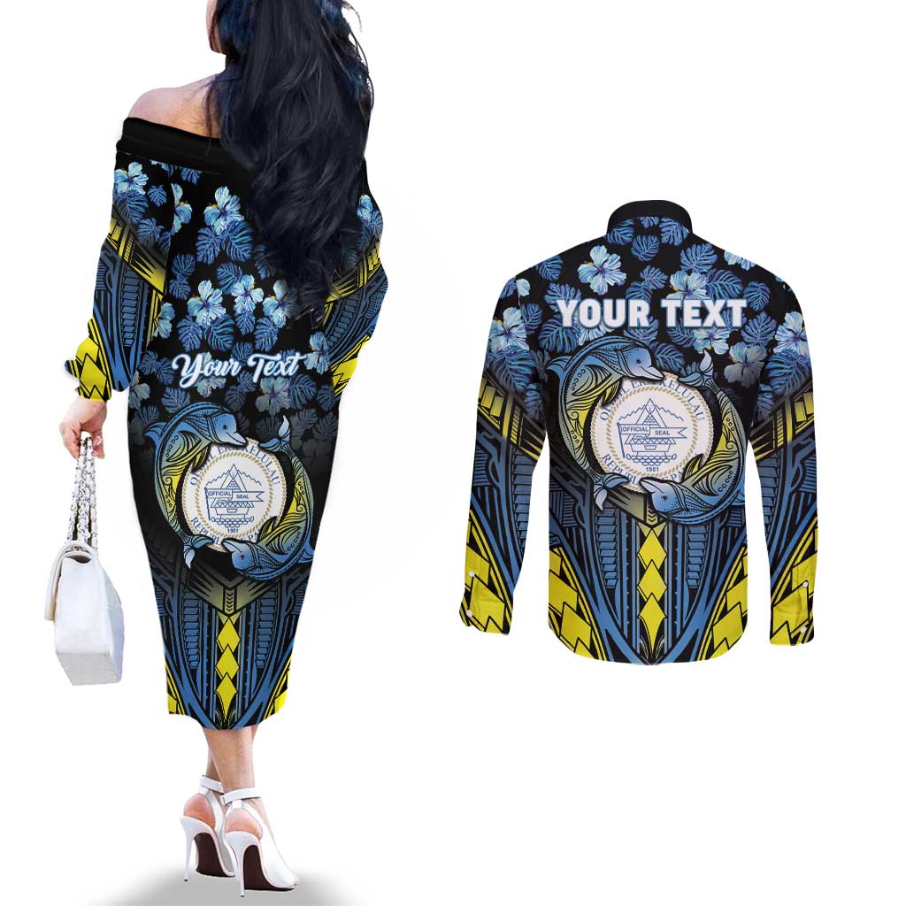 Personalised Palau Couples Matching Off The Shoulder Long Sleeve Dress and Long Sleeve Button Shirt Polynesian Dolphin Tropical Hibiscus Style LT05 - Polynesian Pride