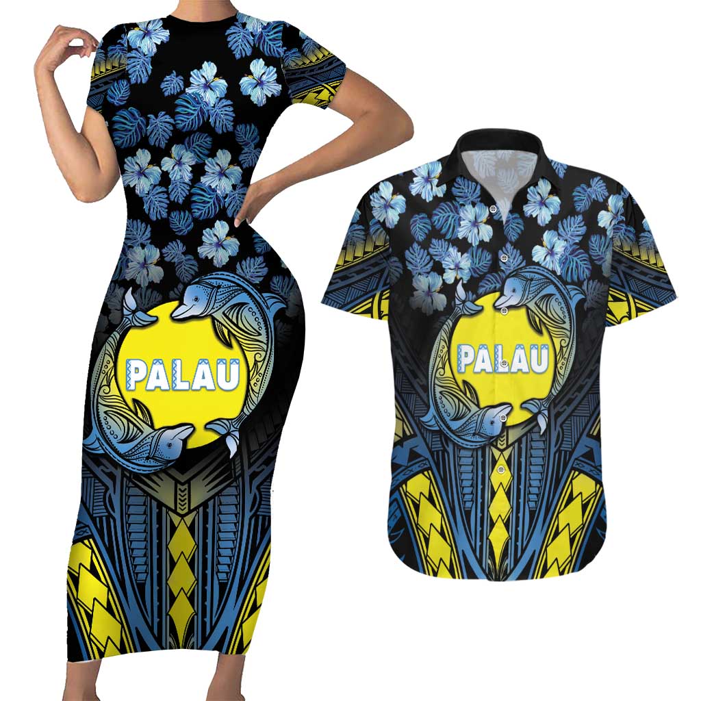 Personalised Palau Couples Matching Short Sleeve Bodycon Dress and Hawaiian Shirt Polynesian Dolphin Tropical Hibiscus Style LT05 Black - Polynesian Pride