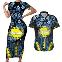 Personalised Palau Couples Matching Short Sleeve Bodycon Dress and Hawaiian Shirt Polynesian Dolphin Tropical Hibiscus Style LT05 Black - Polynesian Pride