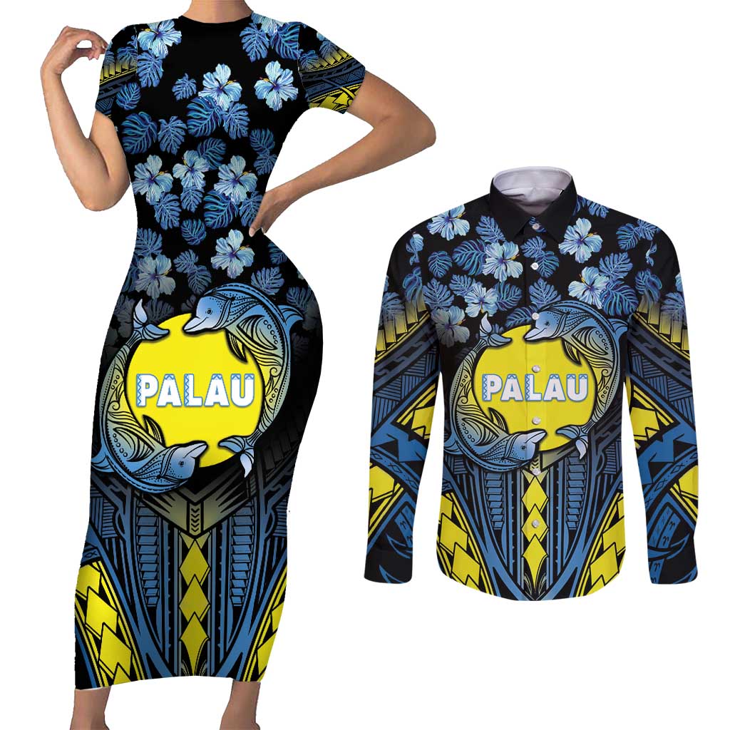 Personalised Palau Couples Matching Short Sleeve Bodycon Dress and Long Sleeve Button Shirt Polynesian Dolphin Tropical Hibiscus Style LT05 Black - Polynesian Pride
