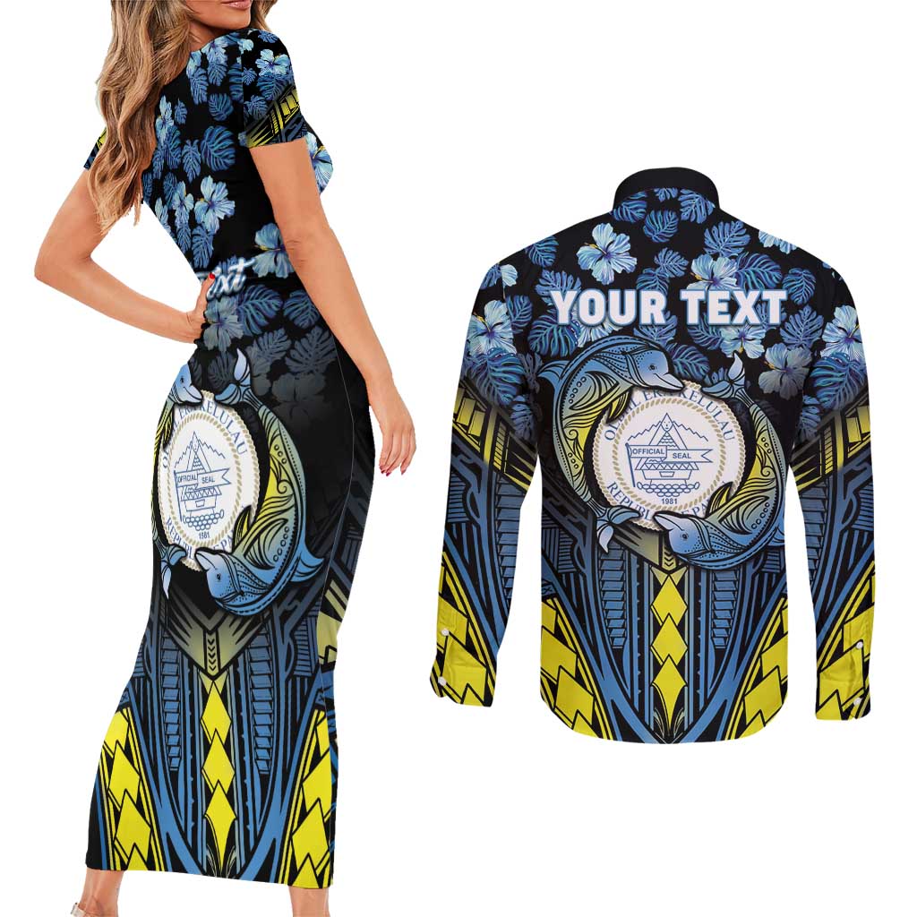 Personalised Palau Couples Matching Short Sleeve Bodycon Dress and Long Sleeve Button Shirt Polynesian Dolphin Tropical Hibiscus Style LT05 - Polynesian Pride