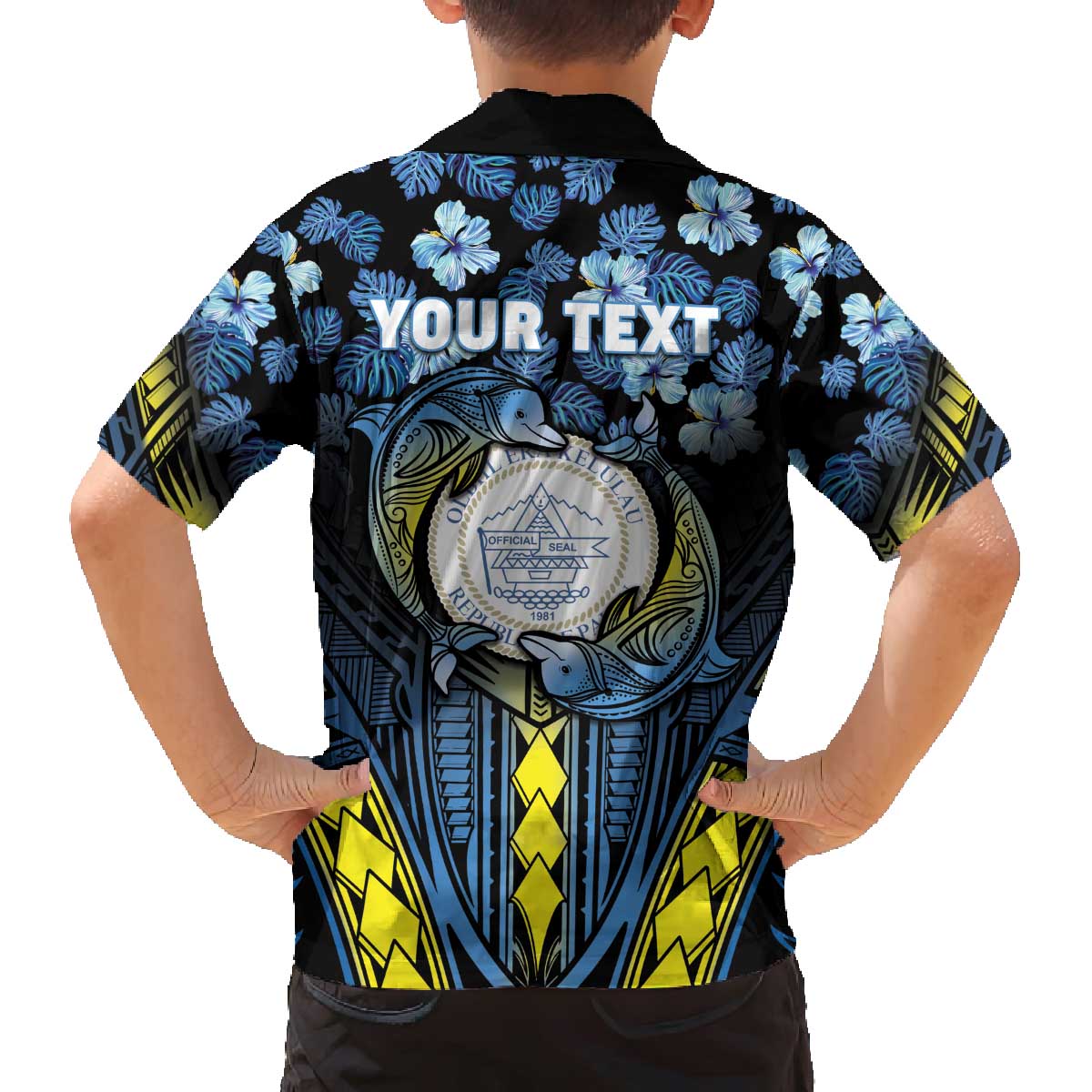 Personalised Palau Family Matching Off The Shoulder Long Sleeve Dress and Hawaiian Shirt Polynesian Dolphin Tropical Hibiscus Style LT05 - Polynesian Pride