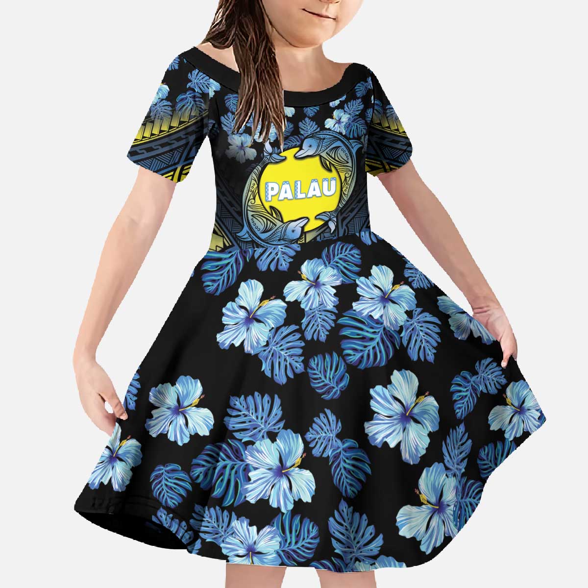 Personalised Palau Family Matching Off The Shoulder Long Sleeve Dress and Hawaiian Shirt Polynesian Dolphin Tropical Hibiscus Style LT05 Daughter's Dress Black - Polynesian Pride
