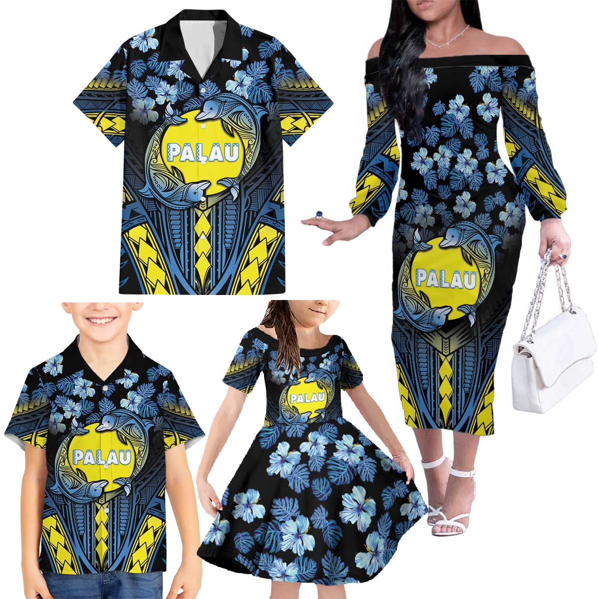 Personalised Palau Family Matching Off The Shoulder Long Sleeve Dress and Hawaiian Shirt Polynesian Dolphin Tropical Hibiscus Style LT05 - Polynesian Pride