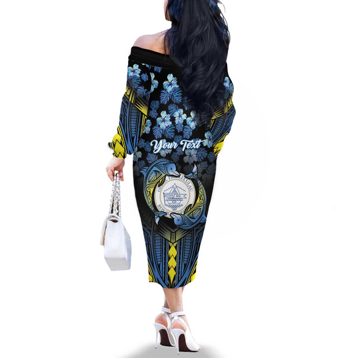 Personalised Palau Family Matching Off The Shoulder Long Sleeve Dress and Hawaiian Shirt Polynesian Dolphin Tropical Hibiscus Style LT05 - Polynesian Pride