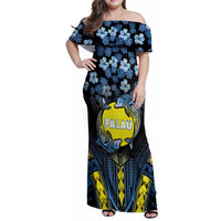 Personalised Palau Family Matching Off Shoulder Maxi Dress and Hawaiian Shirt Polynesian Dolphin Tropical Hibiscus Style LT05 Mom's Dress Black - Polynesian Pride