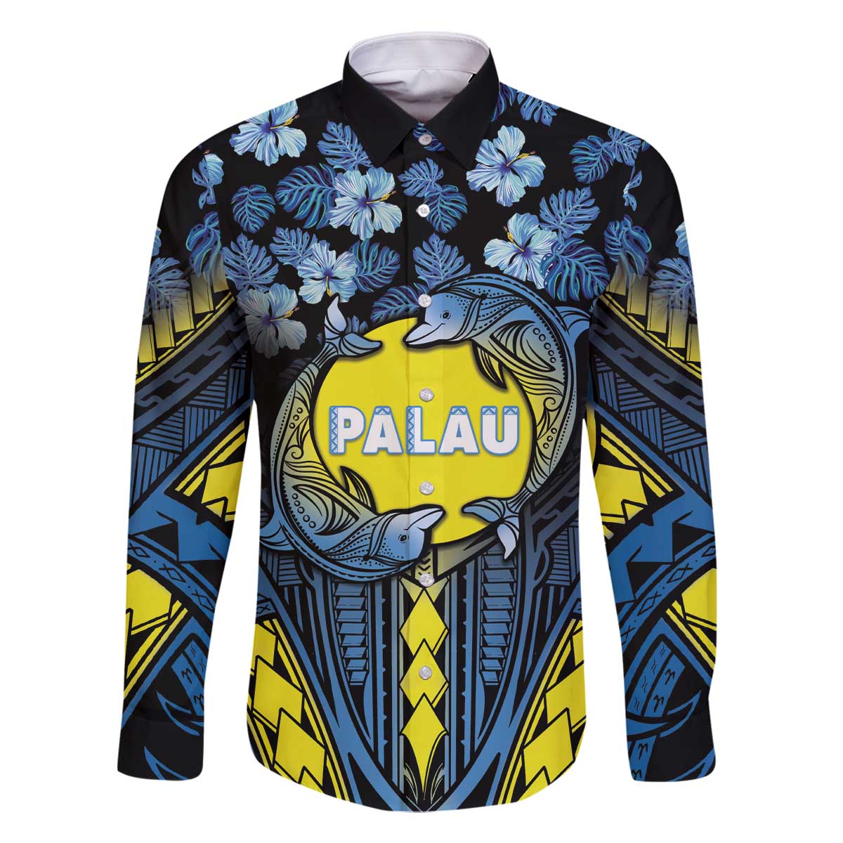 Personalised Palau Family Matching Off Shoulder Short Dress and Hawaiian Shirt Polynesian Dolphin Tropical Hibiscus Style LT05 Dad's Shirt - Long Sleeve Black - Polynesian Pride
