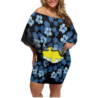 Personalised Palau Family Matching Off Shoulder Short Dress and Hawaiian Shirt Polynesian Dolphin Tropical Hibiscus Style LT05 Mom's Dress Black - Polynesian Pride