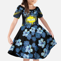 Personalised Palau Family Matching Puletasi and Hawaiian Shirt Polynesian Dolphin Tropical Hibiscus Style LT05 Daughter's Dress Black - Polynesian Pride