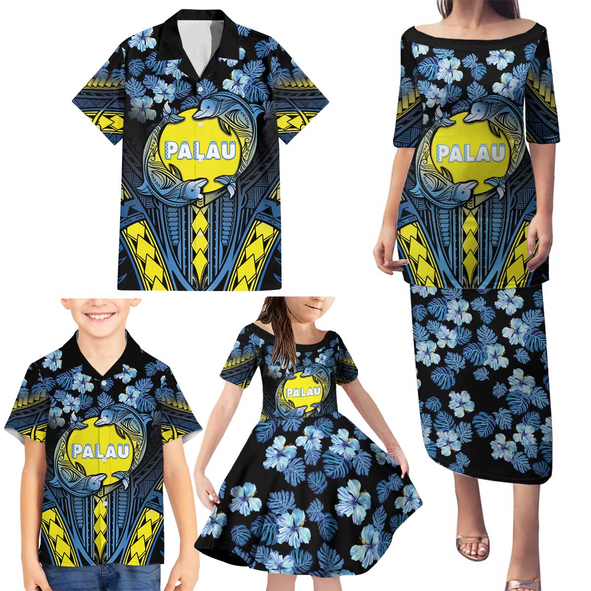 Personalised Palau Family Matching Puletasi and Hawaiian Shirt Polynesian Dolphin Tropical Hibiscus Style LT05 - Polynesian Pride