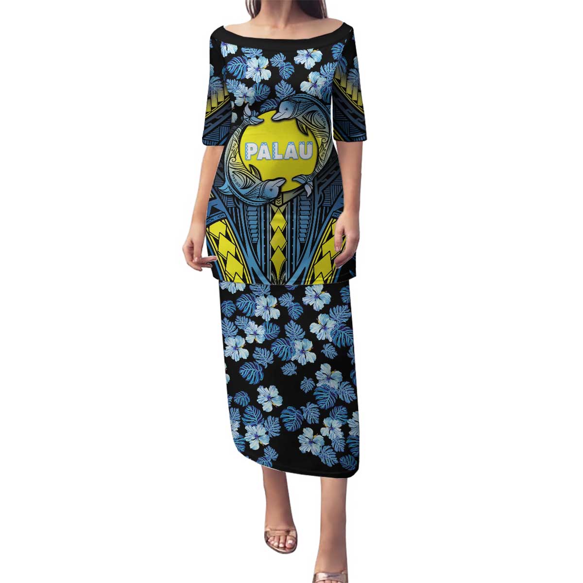 Personalised Palau Family Matching Puletasi and Hawaiian Shirt Polynesian Dolphin Tropical Hibiscus Style LT05 Mom's Dress Black - Polynesian Pride