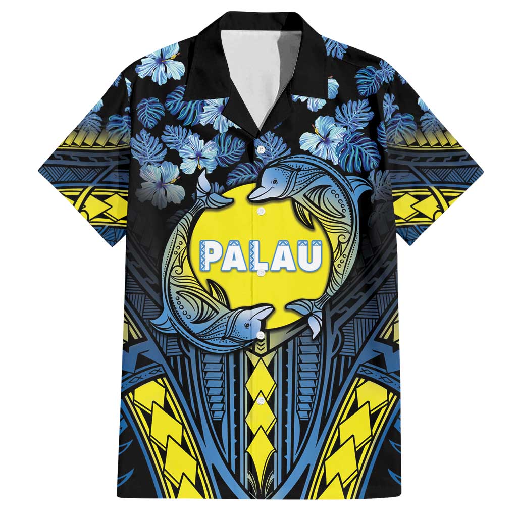 Personalised Palau Family Matching Tank Maxi Dress and Hawaiian Shirt Polynesian Dolphin Tropical Hibiscus Style LT05 Dad's Shirt - Short Sleeve Black - Polynesian Pride
