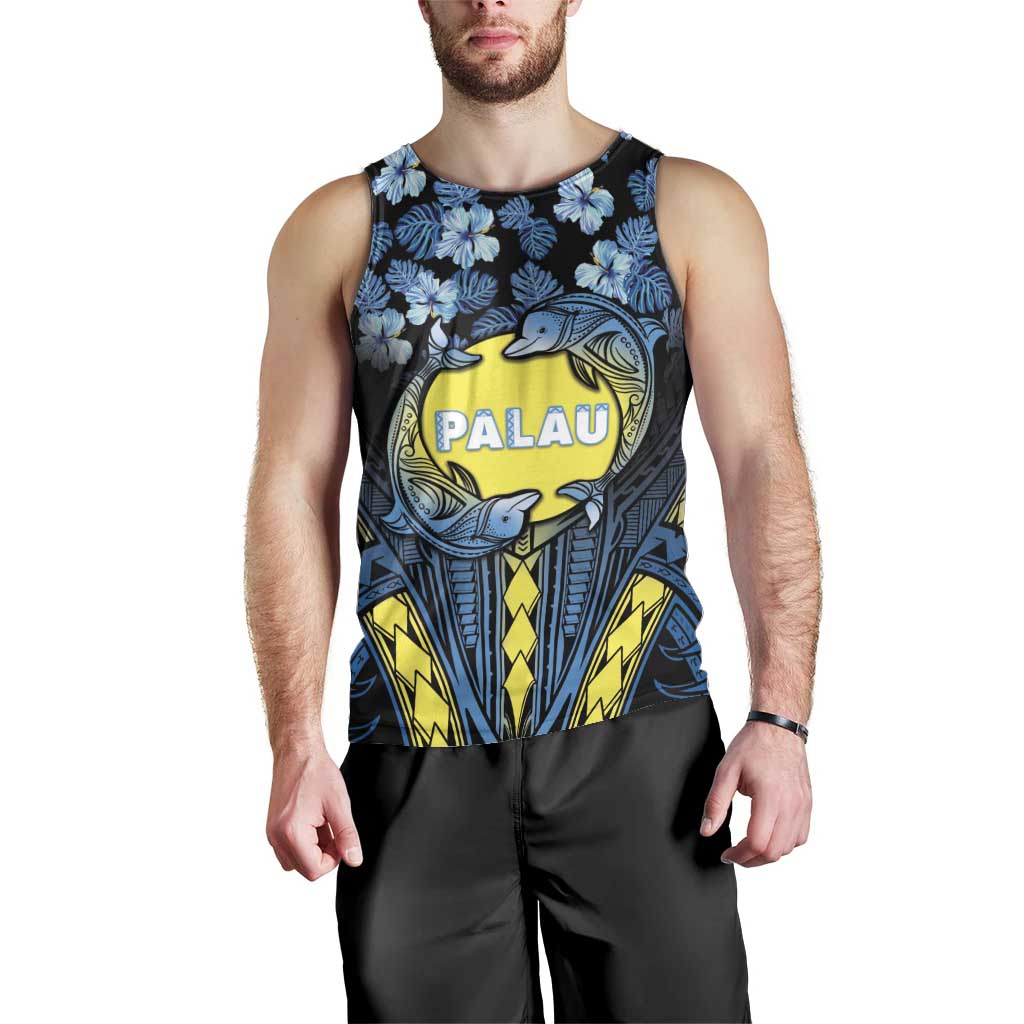 Personalised Palau Men Tank Top Polynesian Dolphin Tropical Hibiscus Style