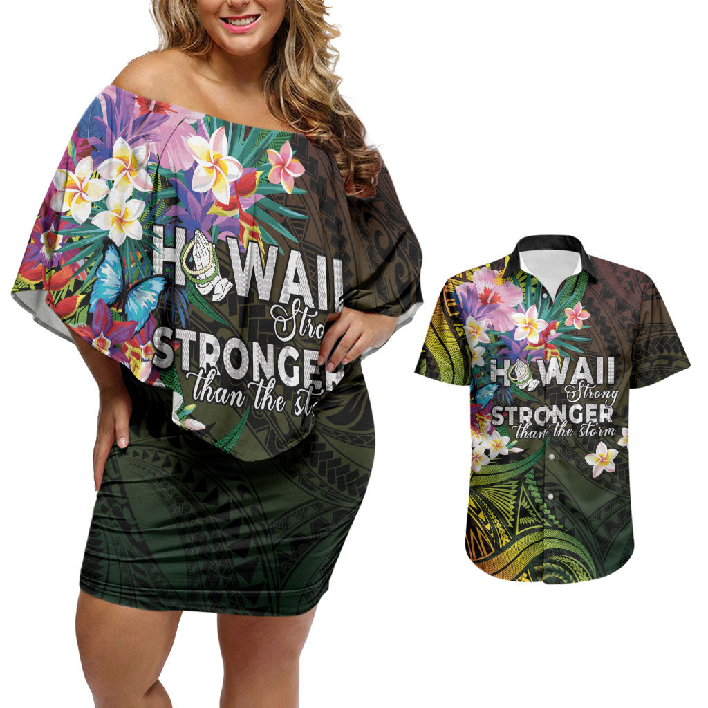 Hawaii Strong Couples Matching Off Shoulder Short Dress and Hawaiian Shirt Polynesian Tribal Tropical Flowers