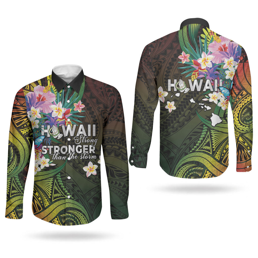 Hawaii Strong Couples Matching Off Shoulder Short Dress and Long Sleeve Button Shirt Polynesian Tribal Tropical Flowers