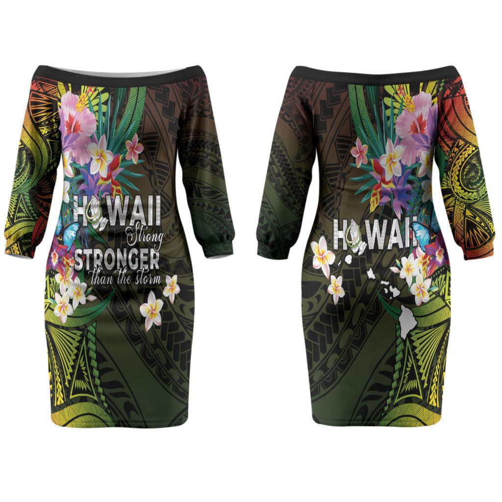 Hawaii Strong Couples Matching Off The Shoulder Long Sleeve Dress and Long Sleeve Button Shirt Polynesian Tribal Tropical Flowers