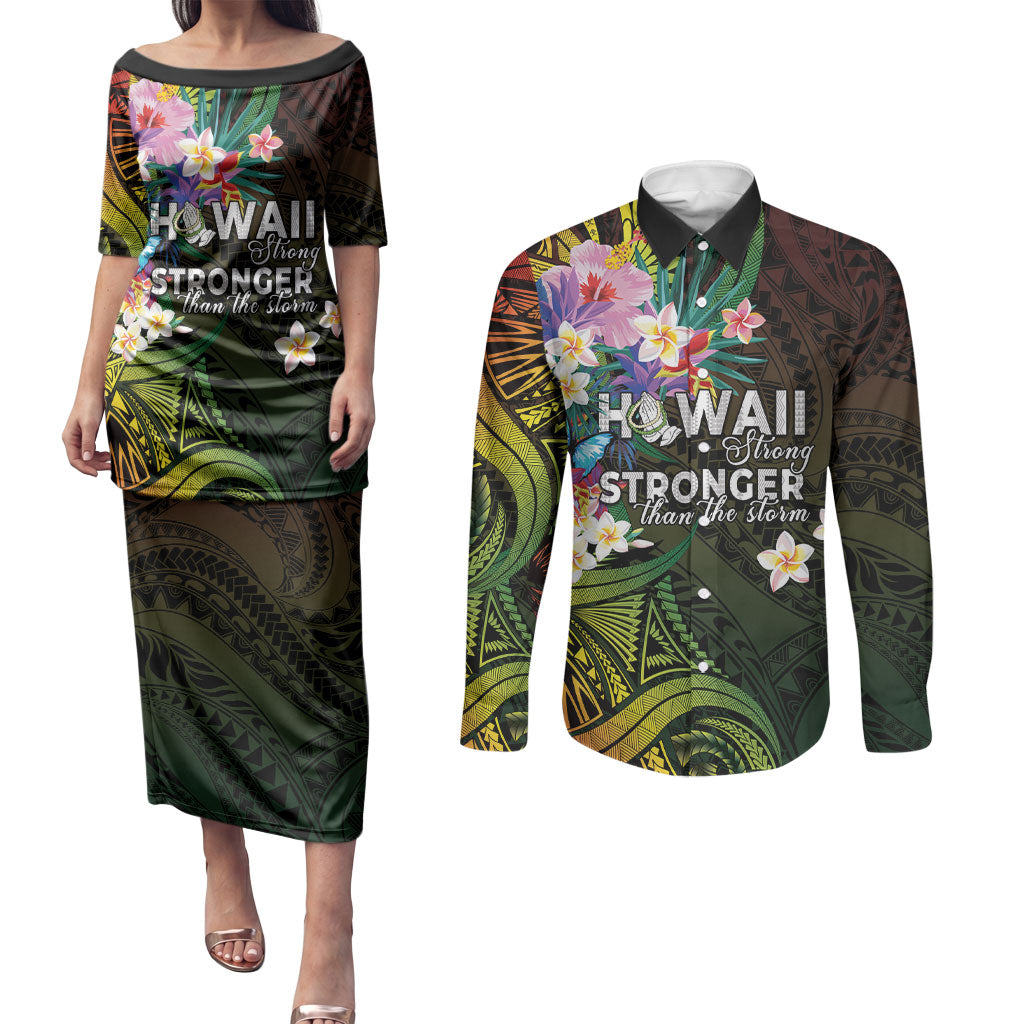 Hawaii Strong Couples Matching Puletasi and Long Sleeve Button Shirt Polynesian Tribal Tropical Flowers
