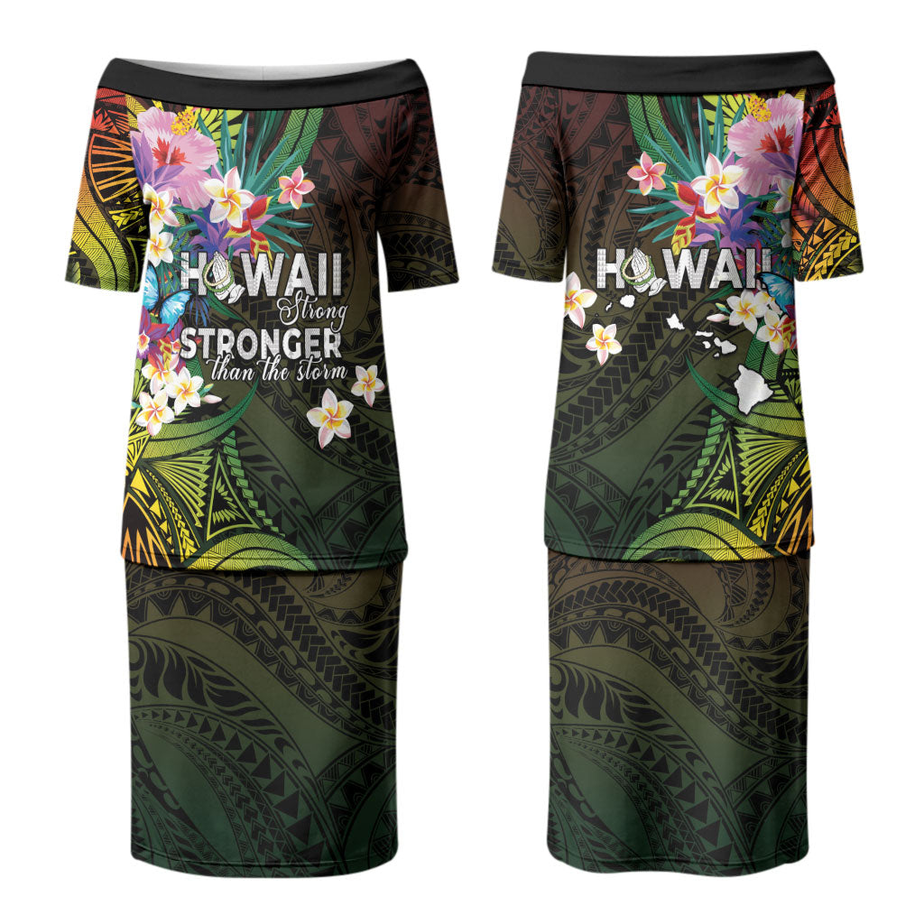 Hawaii Strong Couples Matching Puletasi and Long Sleeve Button Shirt Polynesian Tribal Tropical Flowers