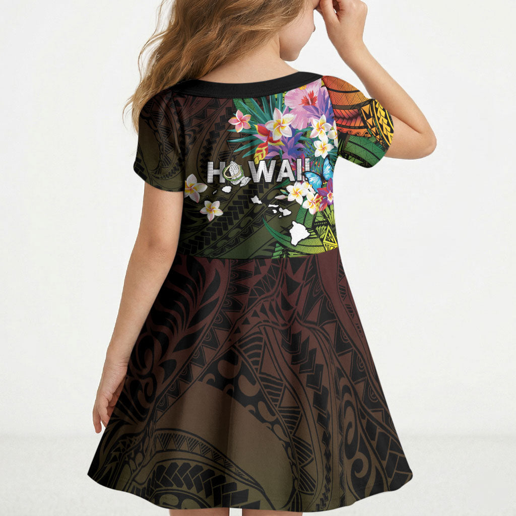 Hawaii Strong Kid Short Sleeve Dress Polynesian Tribal Tropical Flowers