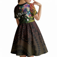 Hawaii Strong Kid Short Sleeve Dress Polynesian Tribal Tropical Flowers
