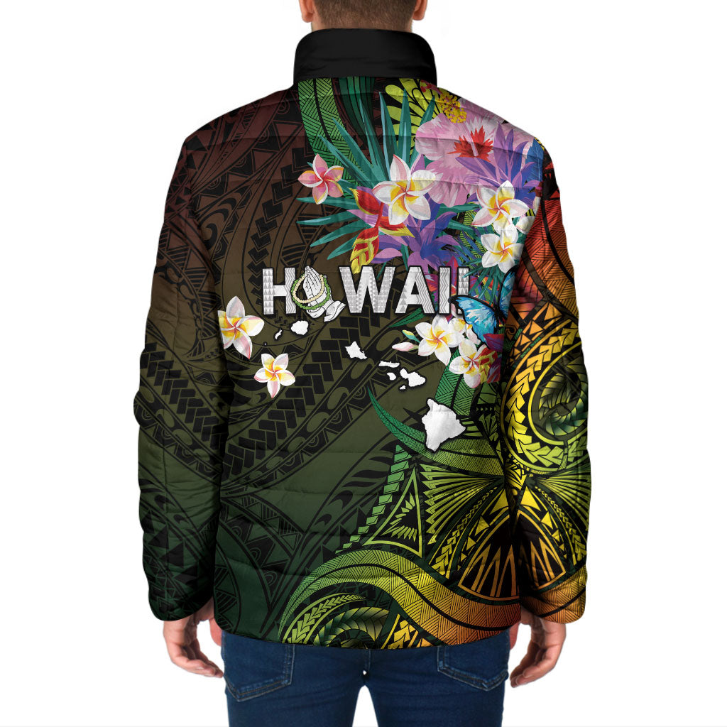 Hawaii Strong Padded Jacket Polynesian Tribal Tropical Flowers