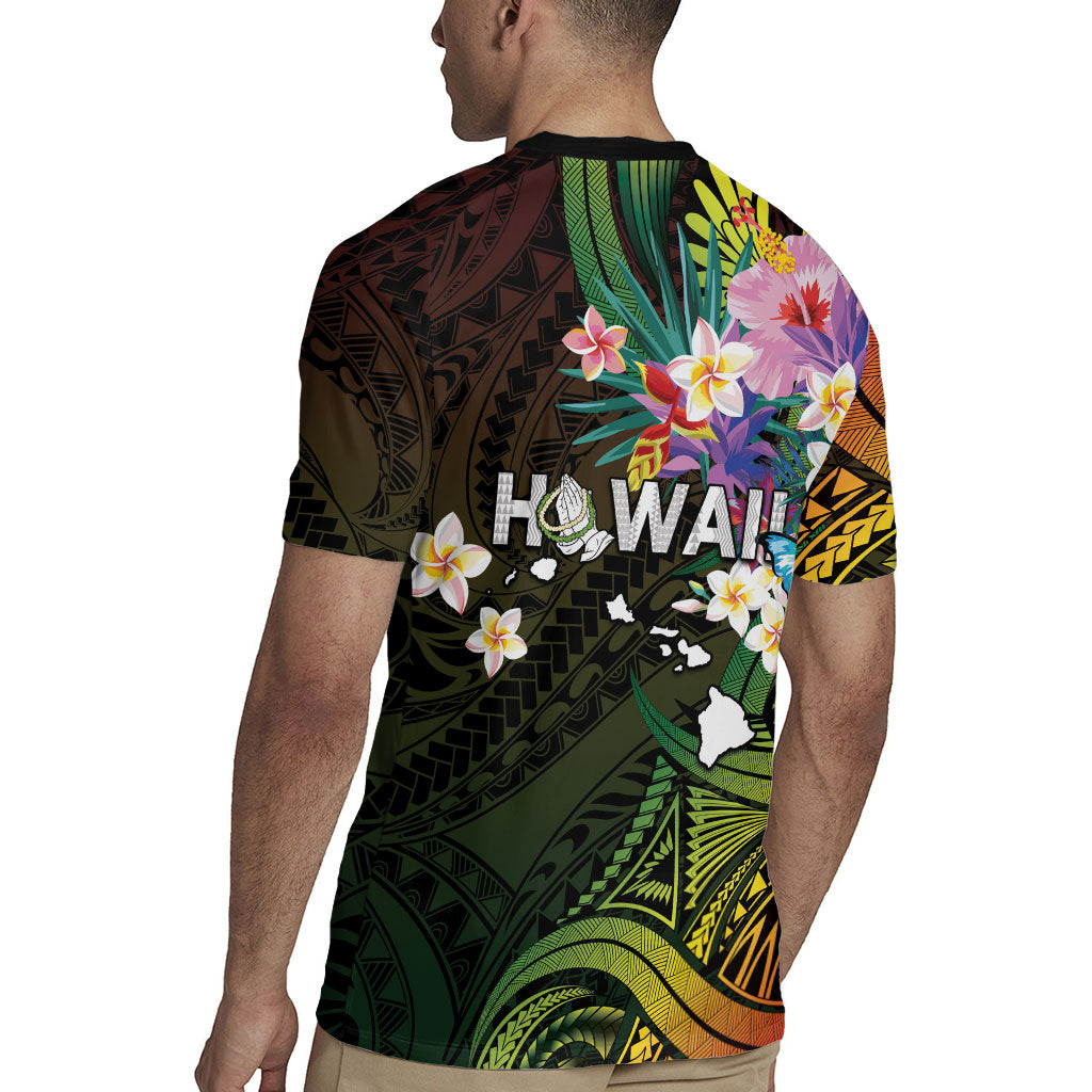 Hawaii Strong Rugby Jersey Polynesian Tribal Tropical Flowers