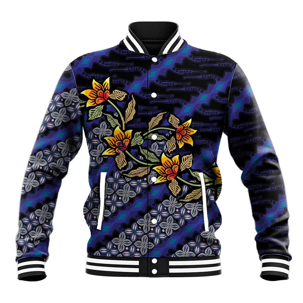 Indonesian Batik Motifs Pattern Floral Art Dark Blue Baseball Jacket
