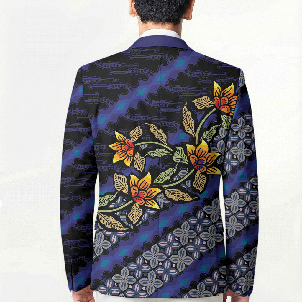 Indonesian Batik Motifs Pattern Floral Art Dark Blue Blazer