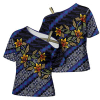 Indonesian Batik Motifs Pattern Floral Art Dark Blue Cross Shoulder Shirt