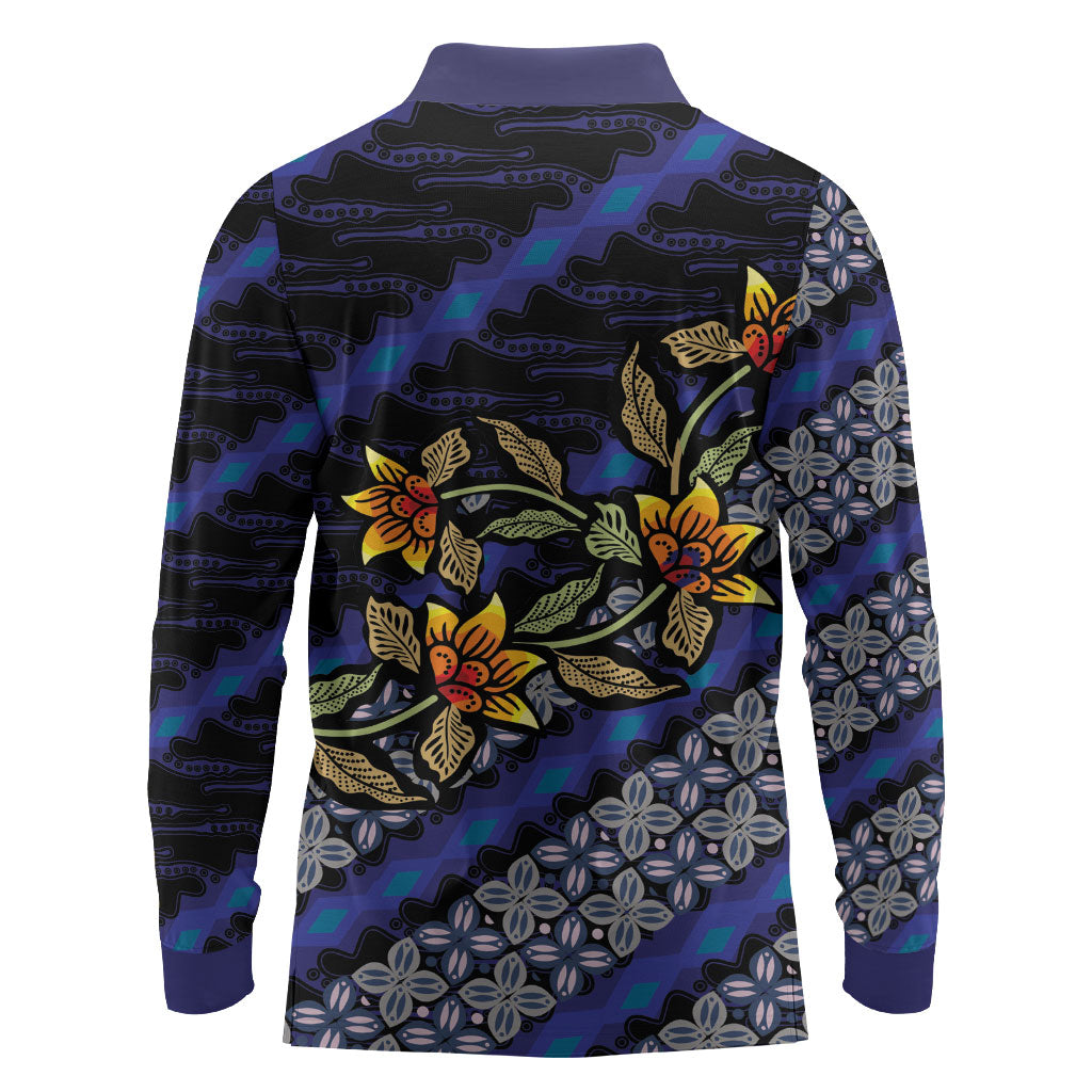 Indonesian Batik Motifs Pattern Floral Art Dark Blue Long Sleeve Polo Shirt