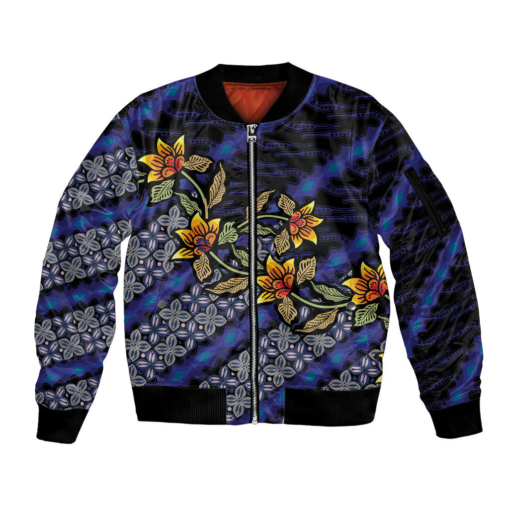 Indonesian Batik Motifs Pattern Floral Art Dark Blue Sleeve Zip Bomber Jacket