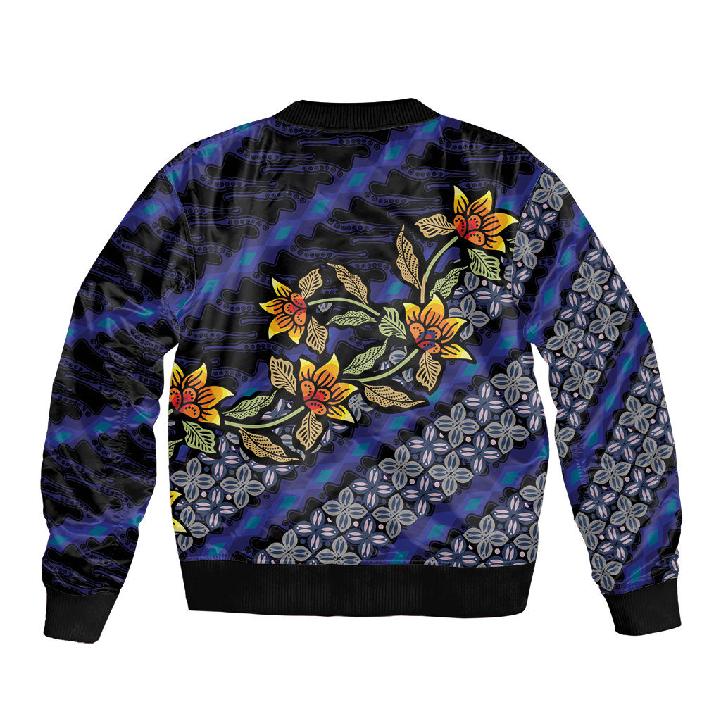 Indonesian Batik Motifs Pattern Floral Art Dark Blue Sleeve Zip Bomber Jacket