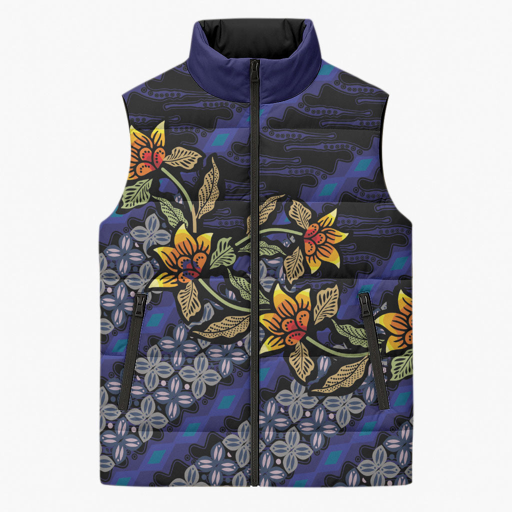 Indonesian Batik Motifs Pattern Floral Art Dark Blue Sleeveless Puffer Jacket