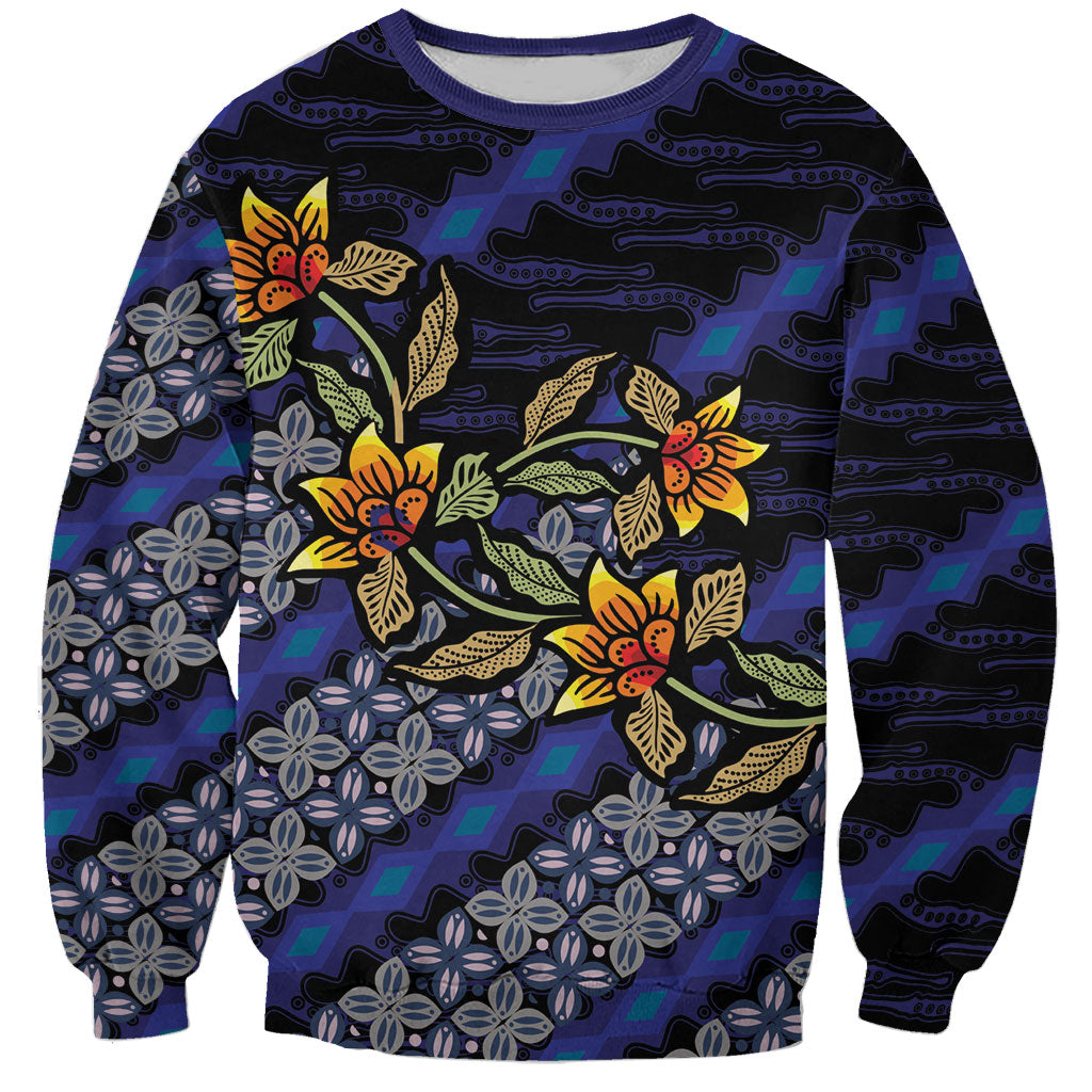 Indonesian Batik Motifs Pattern Floral Art Dark Blue Sweatshirt LT05 Unisex Blue - Polynesian Pride